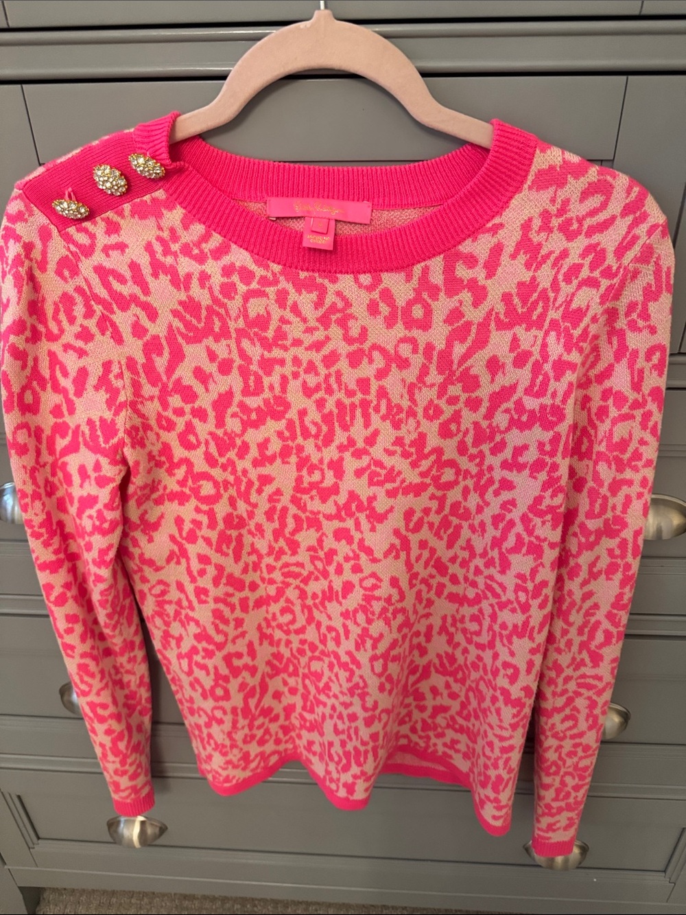 Lilly Pulitzer Pink and Cream Leopard-Print Crewneck Sweater with Gold Buttons
